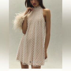 Tadashi Shoji Milena Allover Pearl Halter Mini Dress